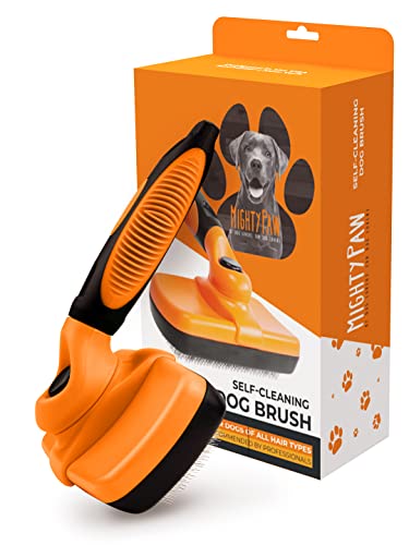 Mighty Paw Fellpflegebürste für Hunde, langlebig, selbstreinigend, 100 % Edelstahl, weiche gebogene Borsten, Matten und Verfilzungen, weicher ergonomischer Griff für extra Komfort (Orange) von Mighty Paw