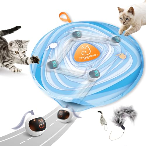 Migipaws Interaktives Katzenball-Spielzeug-Set, lustiger Tracker, leuchtender Chase-Ball mit MystiChaser-Tasche, flauschiger Schwanz, eine kleine Mäuse (Weiß) von Migipaws