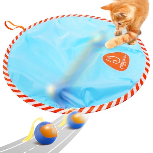 Migipaws Interaktives Katzenball-Spielzeug-Set, lustiger Tracker, leuchtender Jagdball mit MystiChaser-Tasche, Flauschiger Schwanz, kleine Mäuse (blau) von Migipaws