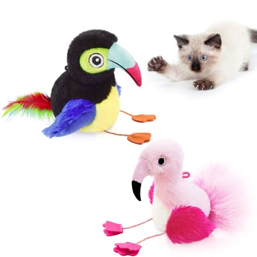 Migipaws 2 Pack Zwitschernder Vogel Katzenspielzeug, Interaktives Katzenspielzeug Set mit Flamingo & Tukan, Plüsch & Katzenminze Kätzchen Kicker Spielzeug für Jagd Spaß von Migipaws