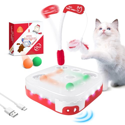 Migipaws Katzenspielzeug,5-in-1 elektrisches interaktives Katzenspielzeug,rollender Bälle,Flexible Angel mit Federn,Papierbox Design,Pfoten-Hockey-Liga für Hauskatzen von Migipaws