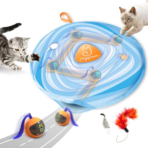 Migipaws Interaktives Katzenball-Spielzeug-Set, lustiger Tracker, leuchtender Chase-Ball mit MystiChaser-Tasche, flauschiger Schwanz, eine kleine Mäuse (Orange) von Migipaws