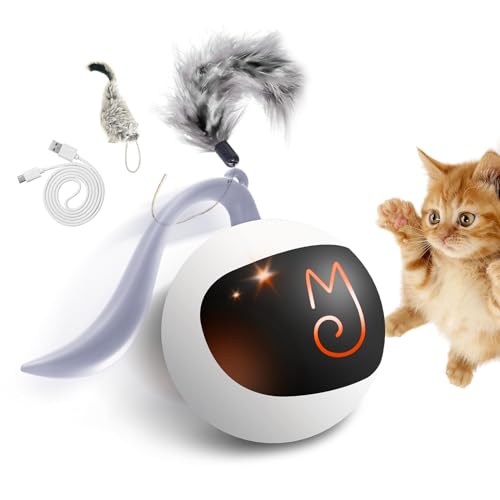 Migipaws Katzenspielzeug, elektrisch beweglicher Ball, Plüschmäuse und Federn als zusätzliches Spielzeug, DIY N in 1 Haustiere Intelligenter automatischer Teaser, USB wiederaufladbar (weiß) von Migipaws