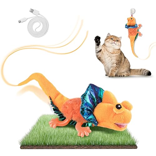 Migipaws Katzenspielzeug, elektrisches Echse-Plüschspielzeug,echte Schwingen und Zwitschern, interaktiver aufhängbarer Spaß,mit Katzenminze,wiederaufladbar(orange) von Migipaws