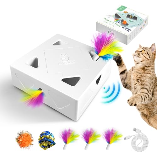 Migipaws Katzenspielzeug, Interaktives Elektrisches 7-Loch-Mäuse-Whack-A-Mole, Intelligentes Teaser Spielzeug,4 Stück Feder Zubehör,Lustiges Karton-Design,USB Wiederaufladbar von Migipaws
