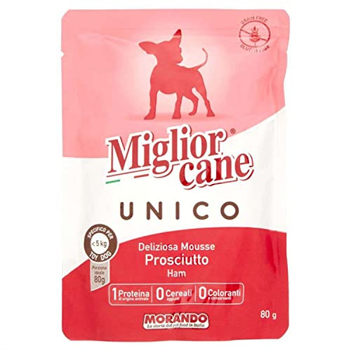 Migliorcane Unico Mousse Nassfutter für Hunde (, 100% Made in Italy, Hauptzutat: Schinken, Hundefutter nass, hochwertiger Hundesnack, Portionsgröße: 80 g) von Miglior Cane
