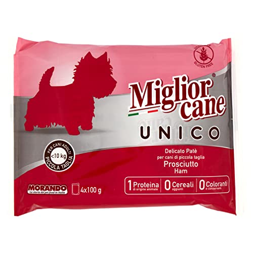Migliorcane Unico Pastete Nassfutter für Hunde (, 100% Made in Italy, Hauptzutat: Schinken, Hundefutter nass, hochwertiger Hundesnack, Portionsgröße: 100 g (4er Pack)) von Miglior Cane
