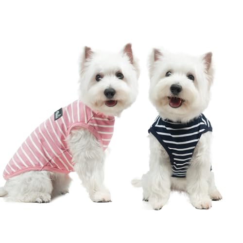 MIHACHI Gestreiftes Hunde-T-Shirt, weich, ärmellos, atmungsaktiv und leicht, Baumwolle, Kleidung für kleine, mittelgroße Hunde, Katzen, Welpen (2 Stück) von Mihachi