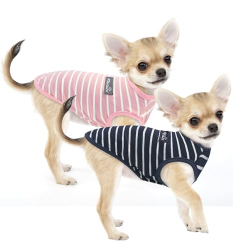 MIHACHI Gestreiftes Hunde-T-Shirt, weich, ärmellos, atmungsaktiv und leicht, Baumwolle, Kleidung für kleine, mittelgroße Hunde, Katzen, Welpen (2 Stück) von Mihachi