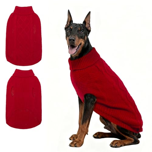 Mihachi Rollkragenpullover für Hunde, Wintermantel, klassische Zopfstrickkleidung mit Loch für die Leine für kaltes Wetter, ideales Geschenk für Haustiere, Rot, Größe XXL von Mihachi