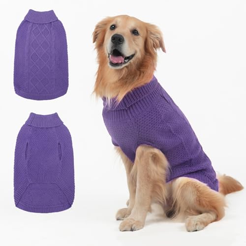 Mihachi Rollkragenpullover für Hunde, Wintermantel, klassische Zopfstrickkleidung mit Loch für die Leine für kaltes Wetter, ideales Geschenk für Haustiere im Neujahr, Hellviolett, Größe M von Mihachi