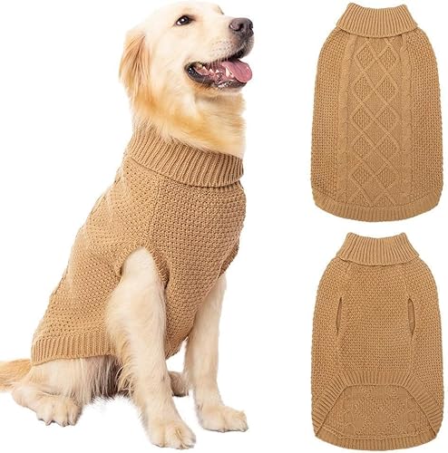 Mihachi Rollkragenpullover für Hunde, Wintermantel, klassische Zopfstrickkleidung mit Loch für die Leine für kaltes Wetter, ideales Geschenk für Haustiere im Neujahr, Khaki, Größe XL Mihachi Rollkragenpullover für Hunde, Wintermantel, klassische Zopfstrickkleidung mit Loch für die Leine für kaltes Wetter, ideales Geschenk für Haustiere im Neujahr, Khaki, Größe XL von Mihachi