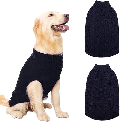 Mihachi Rollkragenpullover für Hunde, Wintermantel, klassische Zopfstrickkleidung mit Loch für die Leine für kaltes Wetter, ideales Geschenk für Haustiere im Neujahr, Marineblau, Größe M von Mihachi