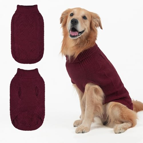 Mihachi Rollkragenpullover für Hunde, Wintermantel, klassische Zopfstrickkleidung mit Loch für die Leine für kaltes Wetter, ideales Geschenk für Haustiere im Neujahr, Weinrot, Größe L von Mihachi