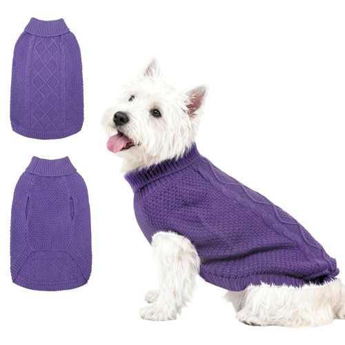 Mihachi Rollkragenpullover für Hunde, Wintermantel, klassische Zopfstrickkleidung mit Loch für die Leine für kaltes Wetter, ideales Geschenk für Haustiere zu Neujahr, Hellviolett, Größe S von Mihachi