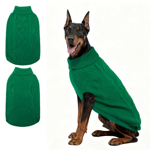 Mihachi Rollkragenpullover für Hunde – Wintermantel, klassische Zopfstrickkleidung mit Loch für die Leine für kaltes Wetter, ideales Geschenk für Haustiere, Neujahr, Grün, Größe 3XL von Mihachi