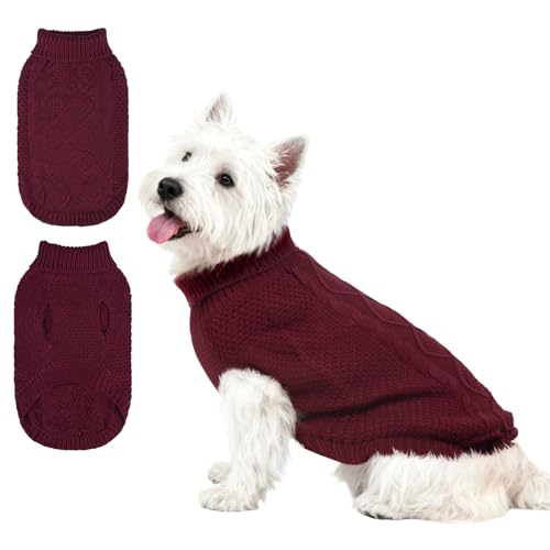 Mihachi Rollkragenpullover für Hunde – Wintermantel, klassische Zopfstrickkleidung mit Loch für die Leine für kaltes Wetter, ideales Geschenk für Haustiere, Weinrot, Größe S von Mihachi