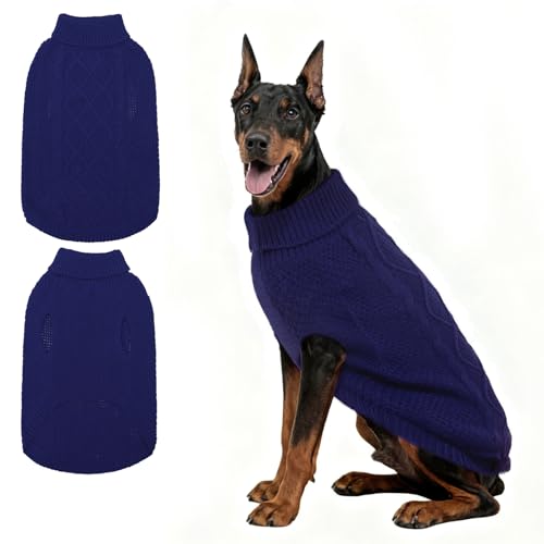 Mihachi Rollkragenpullover für Hunde – Wintermantel, klassische Zopfstrickkleidung mit Loch für die Leine für kaltes Wetter, ideales Geschenk für Haustiere im Neujahr, Marineblau, Größe XXL von Mihachi