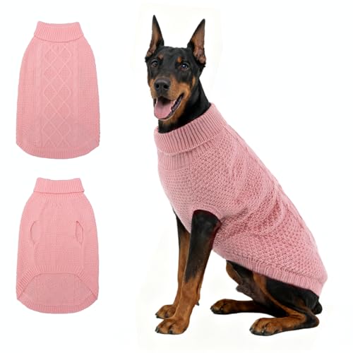 Mihachi Rollkragenpullover für Hunde – Wintermantel, klassische Zopfstrickkleidung mit Loch für die Leine für kaltes Wetter, ideales Geschenk für Haustiere im Neujahr, Rosa, Größe XXL von Mihachi