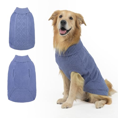 Mihachi Rollkragenpullover für Hunde – Wintermantel, klassische Zopfstrickkleidung mit Loch für die Leine für kaltes Wetter, ideales Geschenk für Haustiere im Neujahr, graublau, Größe M von Mihachi