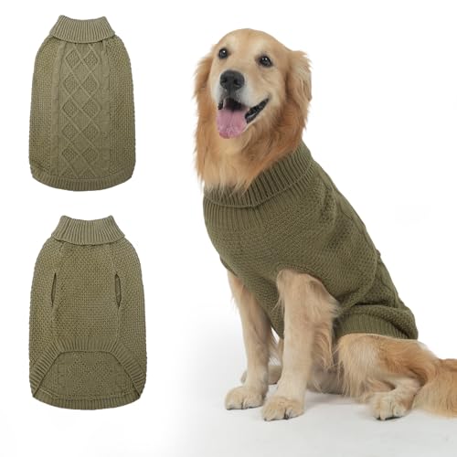 Mihachi Rollkragenpullover für Hunde – Wintermantel, klassische Zopfstrickkleidung mit Loch für die Leine für kaltes Wetter, ideales Geschenk für Haustiere zu Neujahr, Armeegrün, Größe L von Mihachi