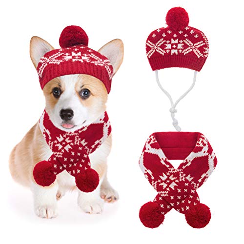 Mihachi Weihnachtliches Hundekostüm, Hut, Schal, Strick, Schneeflocke, Rentier-Druck, 2 Stück, warme Winterkleidung für kleine Hunde und Katzen, rot / weiß, groß von Mihachi