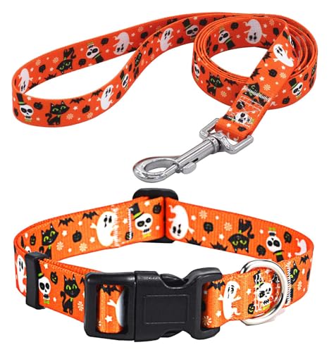 Mihqy Halloween-Hundehalsband und Leine, Kürbis-/Fledermaus-Muster, verstellbar für kleine, mittelgroße und große Hunde (Halloween-Set,XS) von Mihqy