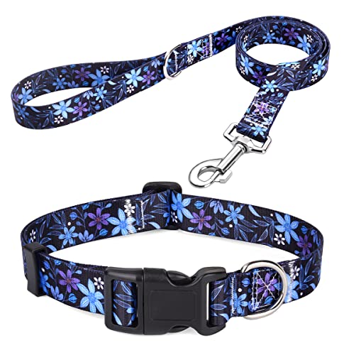 Mihqy Hundehalsband und Leine Set, Verstellbares, Weich & Komfort Nylon Hunde Halsband für Kleine Mittlere Große Hunde Welpen Katzen(Blumen Blau Set,S) von Mihqy