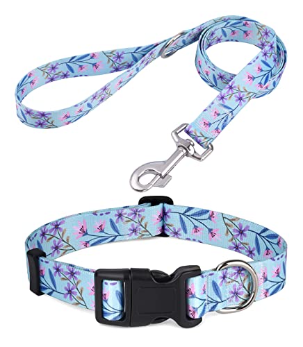 Mihqy Hundehalsband und Leine Set, Verstellbares, Weich & Komfort Nylon Hunde Halsband für Kleine Mittlere Große Hunde Welpen Katzen(Blumen Lila Set,S) von Mihqy