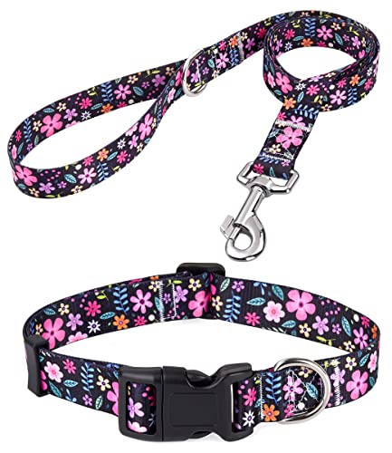 Mihqy Hundehalsband und Leine Set, Verstellbares, Weich & Komfort Nylon Hunde Halsband für Kleine Mittlere Große Hunde Welpen Katzen(Blumen Set,L) von Mihqy