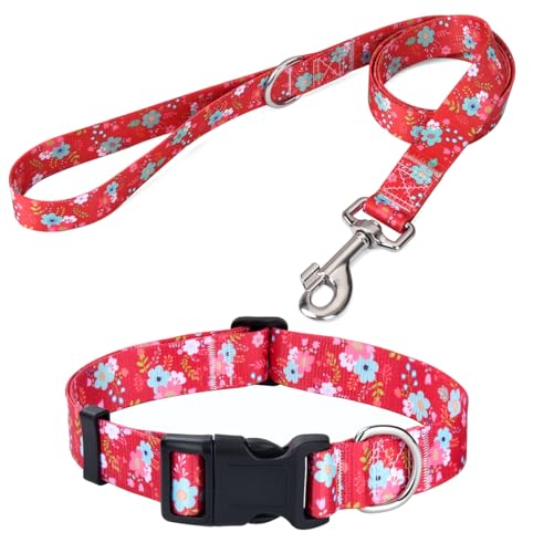 Mihqy Hundehalsband und Leine Set, Verstellbares, Weich & Komfort Nylon Hunde Halsband für Kleine Mittlere Große Hunde Welpen Katzen(Rote Blume Set,L) von Mihqy