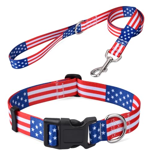 Mihqy Hundehalsband und Leine mit amerikanischer Flagge, patriotisches US-Flaggenmuster, Stern und Streifen, Hundehalsband für den vierten Juli, verstellbar für kleine, mittelgroße und große Hunde von Mihqy