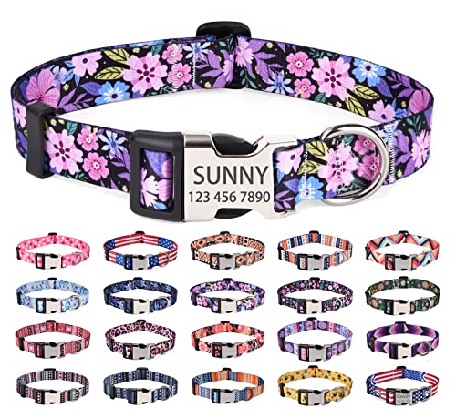 Mihqy Personalisierte Hundehalsbänder mit Eingraviertem Namen und Telefonnummer, 10 Colors& 4 Größen für Kleine, Mittlere und Große Hunde(Rosa Blume,M) von Mihqy