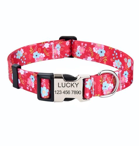 Mihqy Personalisiertes Hundehalsband mit Eingraviertem Namen und Telefonnummer - Weich & Komfort Hunde Halsband Hundehalsbänder für Kleine Mittel Große Hunde Welpen Katzen(Rot Floral,XS) von Mihqy