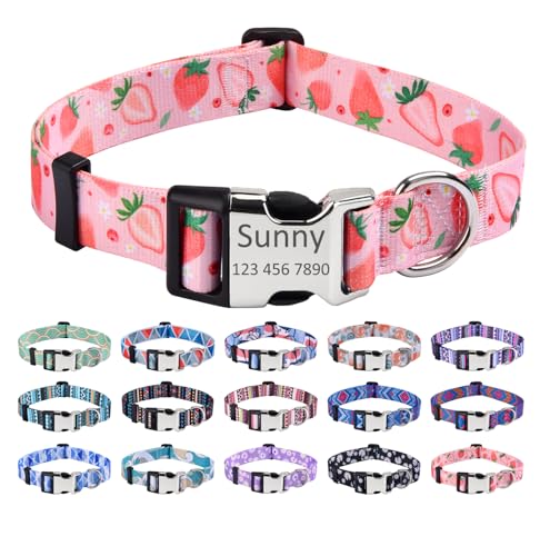 Mihqy Personalisiertes Hundehalsband mit Eingraviertem Namen und Telefonnummer - Weich & Komfort Hunde Halsband Hundehalsbänder für Kleine Mittlere Große Hunde(Erdbeere,L) von Mihqy