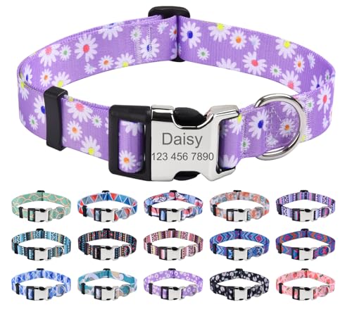 Mihqy Personalisiertes Hundehalsband mit Eingraviertem Namen und Telefonnummer - Weich & Komfort Hunde Halsband Hundehalsbänder für Kleine Mittlere Große Hunde(Lila Daisy,L) von Mihqy