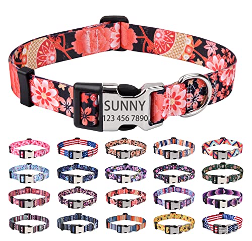 Mihqy Personalisiertes Hundehalsband mit Eingraviertem Namen und Telefonnummer - Weich & Komfort Hunde Halsband Hundehalsbänder für Kleine Mittlere Große Hunde(Rot Floral A,L) von Mihqy