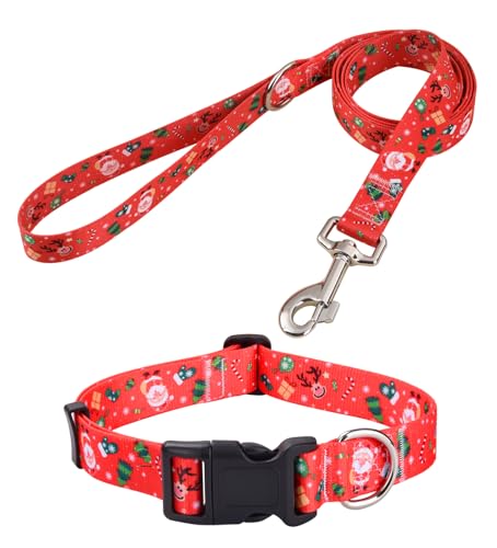 Mihqy Weihnachtliches Hundehalsband und Leine, Set – hochwertiges verstellbares Hundehalsband für kleine, mittelgroße und große Hunde (Weihnachtsset,M) von Mihqy