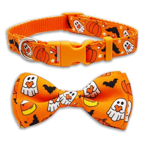Halloween-Hundehalsband, verstellbar, mit Geist, Fledermaus und Zuckermais-Druck, Orange, festliche Fliege, strapazierfähige Schnalle, weiches Nylon, für kleine bis große Hunde Halloween-Hundehalsband, verstellbar, mit Geist, Fledermaus und Zuckermais-Druck, Orange, festliche Fliege, strapazierfähige Schnalle, weiches Nylon, für kleine bis große Hunde von Miiemiu