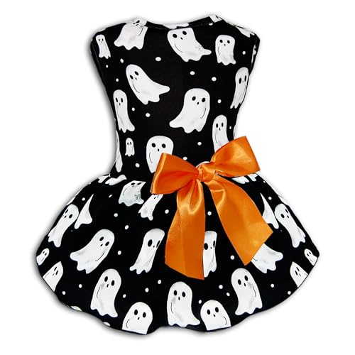 Halloween-Kostüm für Hunde, Geisterdruck, mit orangefarbener Schleife, weicher Stoff, 5 Größen, für kleine und mittelgroße Hunde, niedliches und bequemes Urlaubsoutfit Halloween-Kostüm für Hunde, Geisterdruck, mit orangefarbener Schleife, weicher Stoff, 5 Größen, für kleine und mittelgroße Hunde, niedliches und bequemes Urlaubsoutfit von Miiemiu