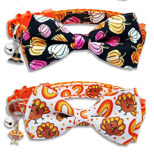 Thanksgiving-Katzenhalsband-Set, 2 Stück, Herbst-Thema, mit Fliege, Türkei und Kürbisdruck, verstellbare Nylon-Sicherheitshalsbänder für Katzen und kleine Haustiere Thanksgiving-Katzenhalsband-Set, 2 Stück, Herbst-Thema, mit Fliege, Türkei und Kürbisdruck, verstellbare Nylon-Sicherheitshalsbänder für Katzen und kleine Haustiere von Miiemiu