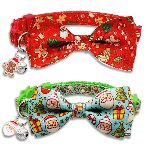 Weihnachts-Katzenhalsband mit Fliege, verstellbares Breakaway-Halsband mit Glocke für Katzen und Kätzchen, Weihnachtsmann- und Lebkuchen-Urlaubs-Design, 2 Stück Weihnachts-Katzenhalsband mit Fliege, verstellbares Breakaway-Halsband mit Glocke für Katzen und Kätzchen, Weihnachtsmann- und Lebkuchen-Urlaubs-Design, 2 Stück von Miiemiu