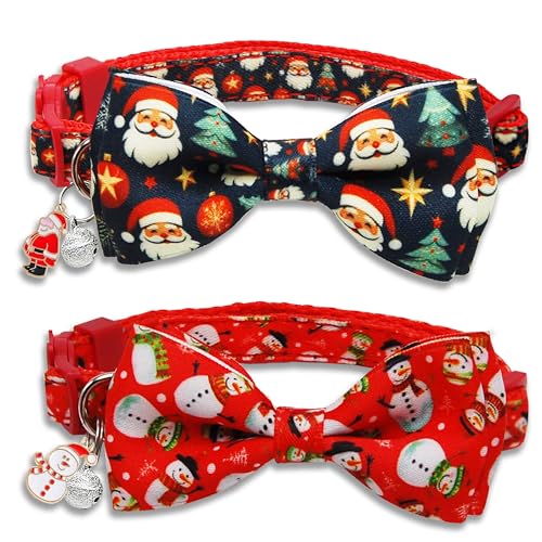 Weihnachts-Katzenhalsband mit Fliege, verstellbares Breakaway-Halsband mit Glocke für Katzen und Kätzchen, rotes Schneemann-Urlaubs-Design, 2 Stück Weihnachts-Katzenhalsband mit Fliege, verstellbares Breakaway-Halsband mit Glocke für Katzen und Kätzchen, rotes Schneemann-Urlaubs-Design, 2 Stück von Miiemiu