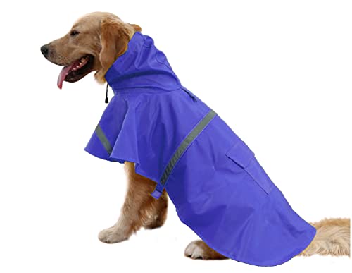 Mikayoo Großer Hunde-Regenmantel, verstellbar, wasserdicht, leicht, Regenjacke, Poncho, Kapuzenpullover mit reflektierendem Streifen, Dunkelblau, Größe XXXL von Mikayoo