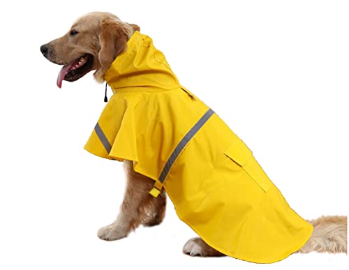 Mikayoo Großer Hunde-Regenmantel, verstellbar, wasserdicht, leicht, Regenjacke, Poncho, Kapuzenpullover mit reflektierendem Streifen, Gelb, Größe XXL von Mikayoo