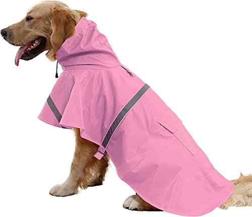 Mikayoo Großer Hunde-Regenmantel, verstellbar, wasserdichte Kleidung, leichte Regenjacke, Poncho, Hoodies mit Streifen, reflektierend (Rosa, XXXL) von Mikayoo