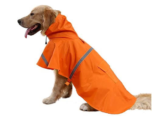 Verstellbarer großer Hunde-Regenmantel mit Streifen, reflektierend, wasserdichte Haustier-Regenjacke, Kapuzenpullover, Poncho, für große und mittelgroße Hunde (Orange, L) von Mikayoo