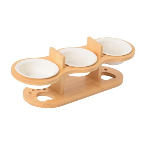 Milageto Erhöhte Katzennäpfe, Futterstation, geneigt, 3-Set, ergonomischer Holzständer, Welpennapf für Kätzchen, Welpen, Hunde, Katzen, Keramik von Milageto