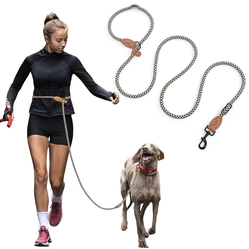 Mile High Life | Hundeleine mit maßgeschneiderter Verbindung aus echtem Leder | Hunde-Retrieverleine | Doppelkonfiguration | mit robustem Metallverschluss (Schwarz Khaki, 2,4 m frei) von Mile High Life