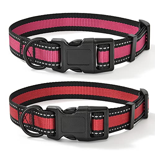 Mile High Life Nacht reflektierende 2 Streifen 3 Colorways Nylon Hundehalsband (2Pack Pink/Red, Kleiner Hals 30.5cm - 43cm - 9KG) von Mile High Life